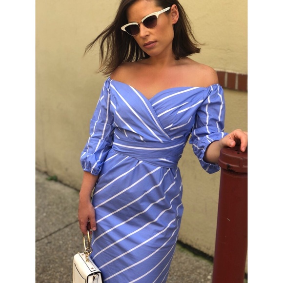 🆕Blair Blue Striped Off the Shoulder Midi Dress - Picture 4 of 6